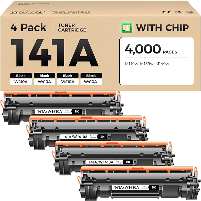 141A Toner Cartridge 4-Black with chip High Yield Replacement for HP 141A W1410A 141X W1410X Compatible with HP Laserjet Pro M110w MFP M140w M139 Printer Ink M110we M140we M139we Laser All-in-One Copy