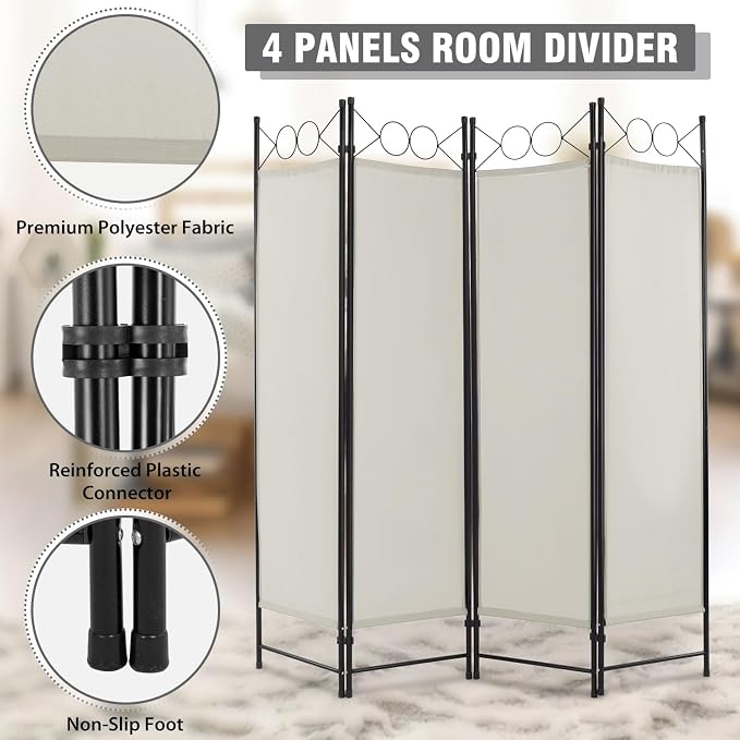 4 Panel Room Divider 6FT Steel Frame Screen Folding Privacy Divider - Image 5
