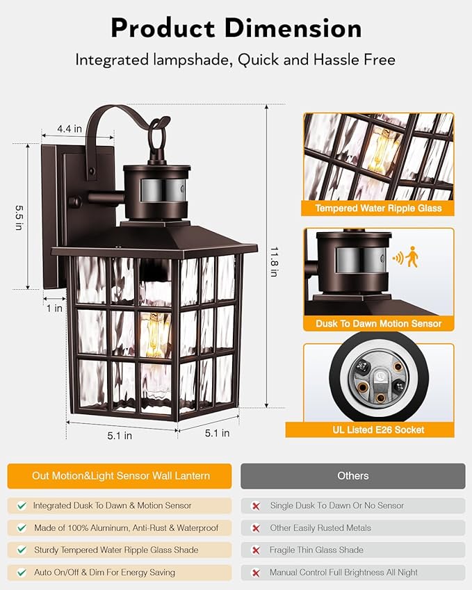 VIANIS 2 Pack Motion Sensor Outdoor Lights for House, Oil Rubbed Bronze Farmhouse Outdoor Porch Lights Wall Mount, 100% Aluminum Exterior Sconce Lights for Coach, Outdoor Garage Lighting Fixtures