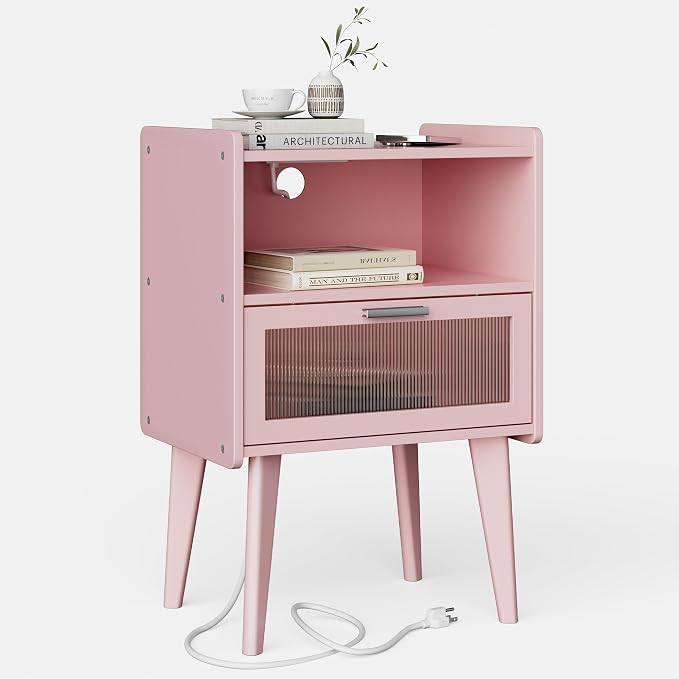 MMEOLUOOK Nightstand with Charging Station, Bedside Tables Pink End Table Side - Image 3