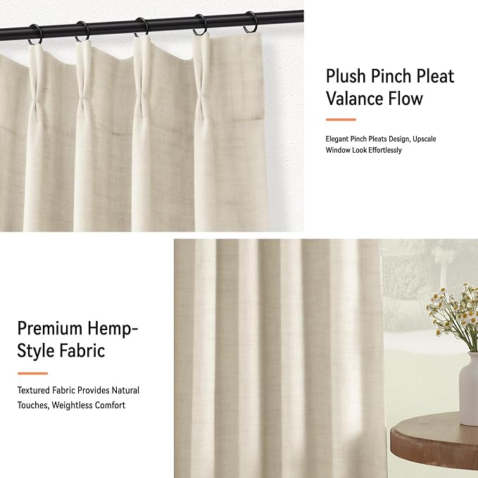 Pinch Pleated Full Blackout Faux Linen Curtains 84 Inches Long | Cream Beige - Image 7