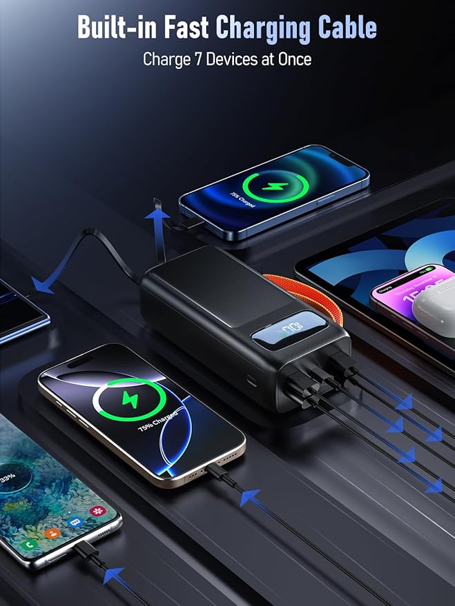50,000mAh Power Bank with 35W PD Fast Charging | 8-Port Portable Charger High Capacity Battery Pack Built-in Cables, Digital Display & LED Flashlight for iPhone, Travel, Camping