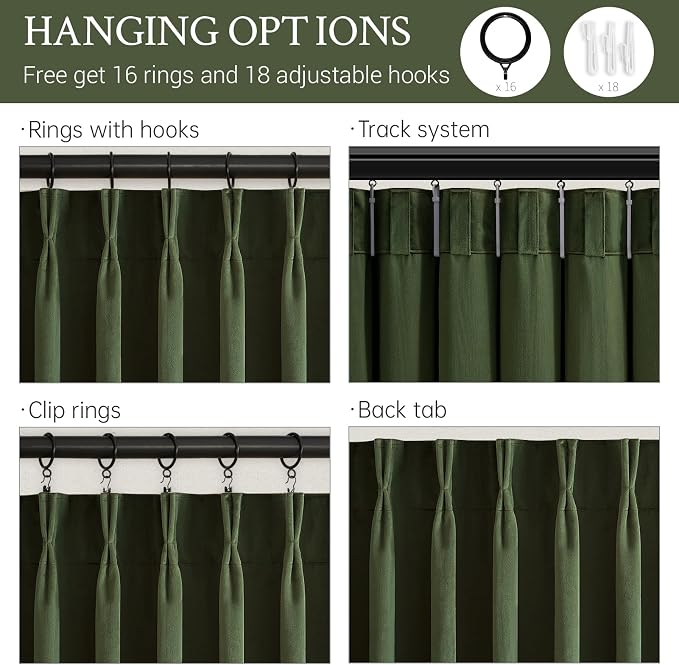 Moss Green Soft Velvet Pinch Pleat Blackout Curtains 102 Inches Long Soundproof - Image 4