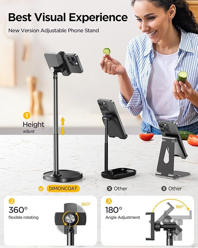 DIMONCOAT Phone Stand for Desk, Angle Height Adjustable Phone Holder for Desk, Aluminum Alloy Universal iPhone Holder, Retractable Cell Phone Stand Recording Office for iPhone 17 16 15 Pro Max Air