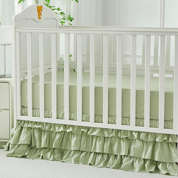 Brandream Crib Skirt Triple Layer Cotton Nursery Bed Skirt for Baby Girls Boys Toddler Bedskirt Solid Color Light Green Dust Ruffle Gender Neutral Farmhouse Chic Boho Bohemian Skirt