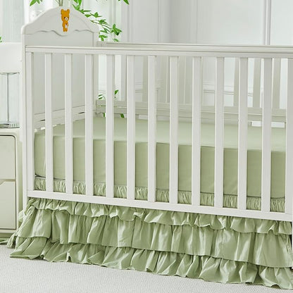 Brandream Crib Skirt Triple Layer Cotton Nursery Bed Skirt for Baby Girls Boys Toddler Bedskirt Solid Color Light Green Dust Ruffle Gender Neutral Farmhouse Chic Boho Bohemian Skirt