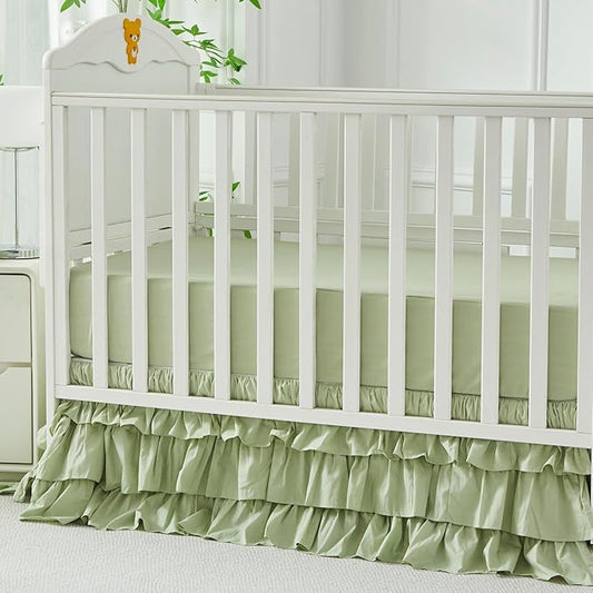 Brandream Crib Skirt Triple Layer Cotton Nursery Bed Skirt for Baby Girls Boys Toddler Bedskirt Solid Color Light Green Dust Ruffle Gender Neutral Farmhouse Chic Boho Bohemian Skirt