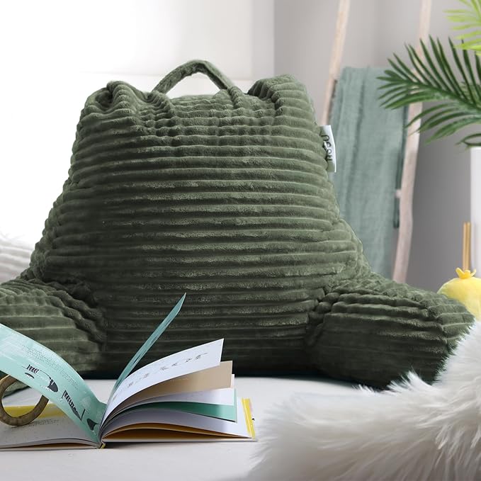 Nestl Reading Pillow with Shredded Memory Foam, Luxe Cut Plush Back Pillow for Sitting Up in Bed, Back and Arms Adjustable Support for Adult & Teens, Backrest Pillows with Washable Cover Olive Green