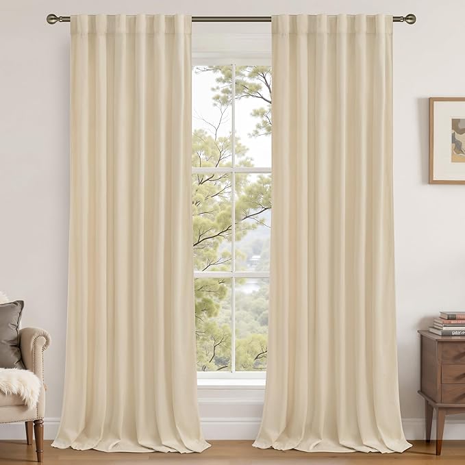 LAMIT Beige Velvet Curtains for Living Room 108 Inches Long, Elegant Thermal Insulated Room Darkening Drapes Noise Reducing Back Tab and Rod Pocket Panels for Bedroom, 2 Panels, 52 x 108 Inch