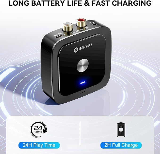 SONRU Bluetooth 6.0 Receiver, Bluetooth Adapter for Old Receiver, Low Latency, 24-Hour Battery Life with AUX 3.5mm/RCA, HiFi Wireless Audio Adapter for Speakers/Home Music Streaming Stereo System