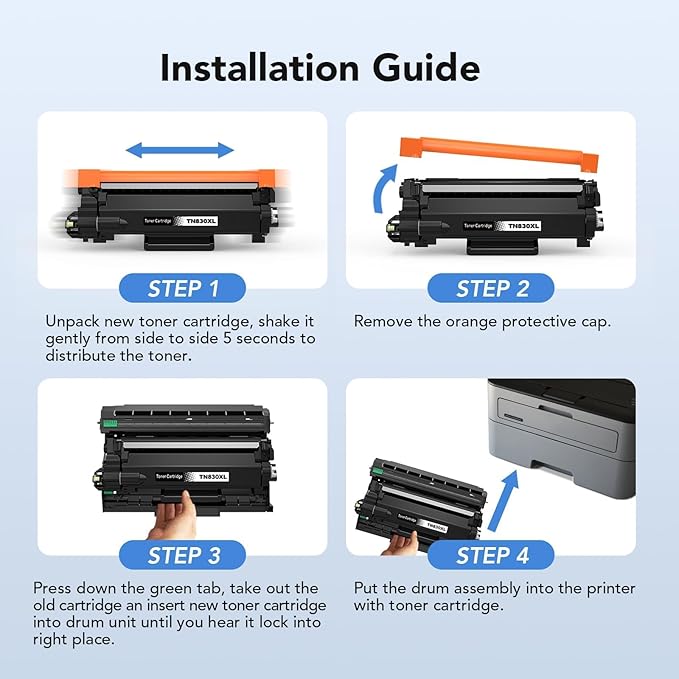 Compatible TN830XL Black Toner 4 Pack Replacement for Brother TN830XL TN-830 TN830 XL High Yield Toner Cartridge Use for HL-L2460DW DCP-L2640DW MFC-L2820DW MFC-L2900DW HL-L2480DW HL-L2400D HL-L2405W
