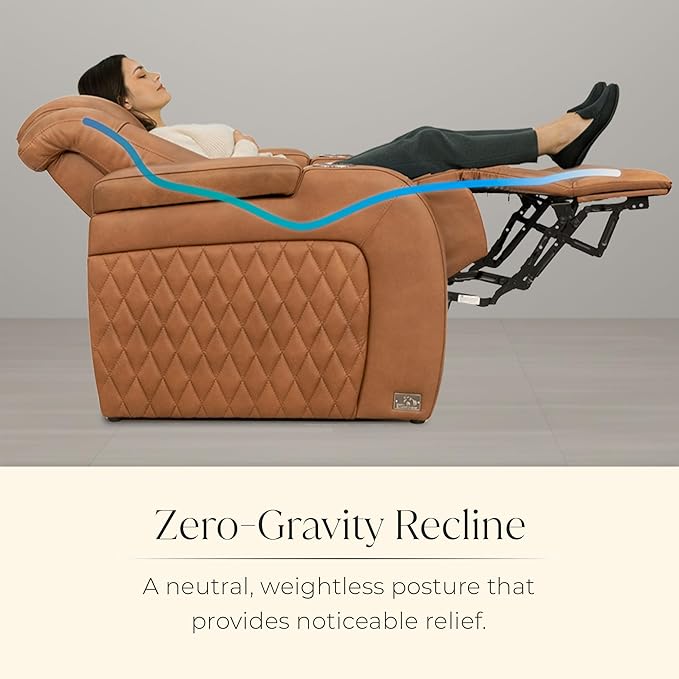 Seatcraft Diamante Zero-Gravity CoolZero Italian Leather Home Theater Seating, Power Headrest, Power Recline, Row of 3 Sofa, Tawny