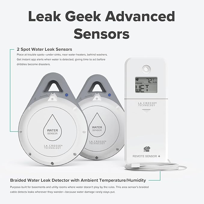 Leak Geek Advanced Wi-Fi Alert System with The Bridge Gateway, 2 Water Spot Detection Sensors, and a Water Leak Area Detection Sensor with 76-inch Cable