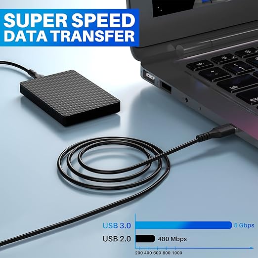 Short USB 3.0 Male to Male Cord, 2 ft Type A, 5Gbps Data Transfer for Hard Drive, Laptop, DVD Player, USB 3.0 Hub, Monitor, Camera, Set Top Box with 5 Cable Ties