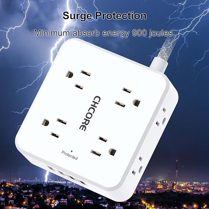 Surge Protector Power Strip - CHCORE 20Ft Braided Extension Cord with 8 Outlets with 4 USB (2 USB C) Charging Ports, Flat Plug Multi Plug Outlet Extender Charging Station for Home Office, ETL, White