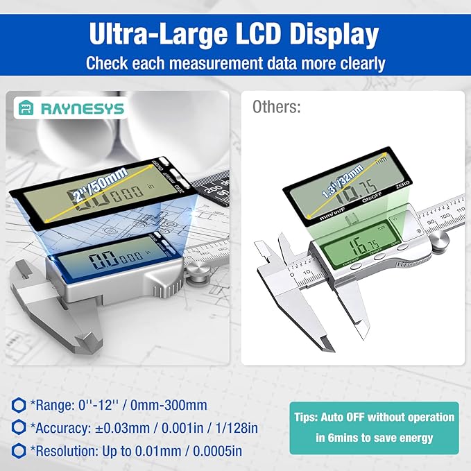 Raynesys Digital Caliper 6 Inch with Large LCD Screen, Inch/MM/Fraction Conversion, 150mm Micrometer Caliper All Stainless Steel Diameter Measuring Tool for Jewelers/Woodworkers/DIY