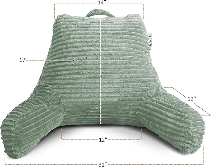 Nestl Reading Pillow with Shredded Memory Foam, Luxe Cut Plush Back Pillow for Sitting Up in Bed, Back and Arms Adjustable Support for Adult & Teens, Backrest Pillows with Washable Cover Sage Green