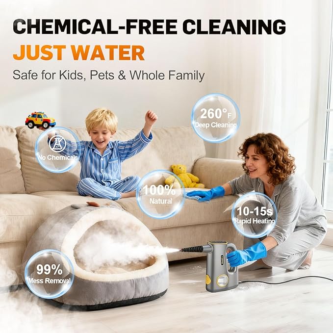 Handheld Pressurized Steam Cleaner for Home - 15s Heat-Up 3-Level Adjustable Steam Cleaner with 14pcs Accessories, Multi-Surface Steamer for Cleaning Car Detailing, Tile, Grout, Chemical-Free
