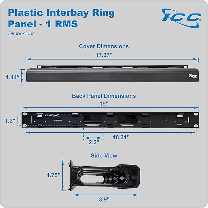 ICC 1U Ring Cable Manager Panel with Cover, Plastic with Metal Back Frame, 4" D-Rings, Horizontal Cable Management, Rackmount for 19” Network Racks, Black, 6-Pack