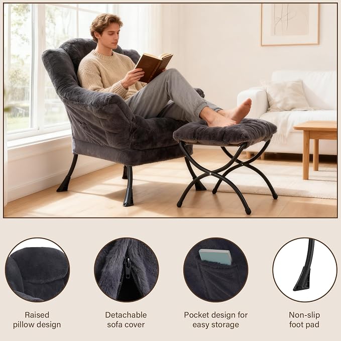 Welnow Lazy Chair with Ottoman, Reading Chair with Footrest, Plush Navy | A - Image 6