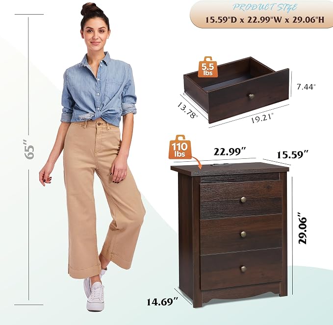WLIVE Tall Nightstand with Charging Station, Wood Night Stand with 3 Drawers - Image 3