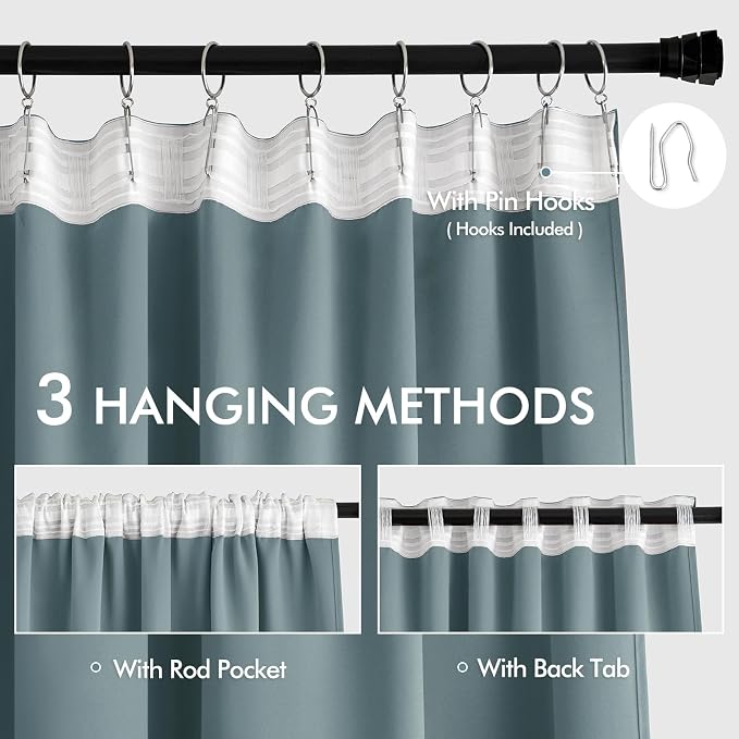 MIULEE Greyish Blue Back Tab Blackout Curtains 52x90 Inch Long 2 Panels Set | - Image 3