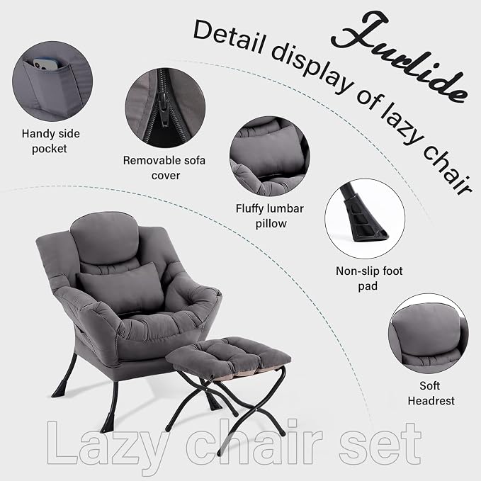 Furlide Lazy Chair with Ottoman, Comfy Fabric Accent Lounge Arm Chair with - Image 7