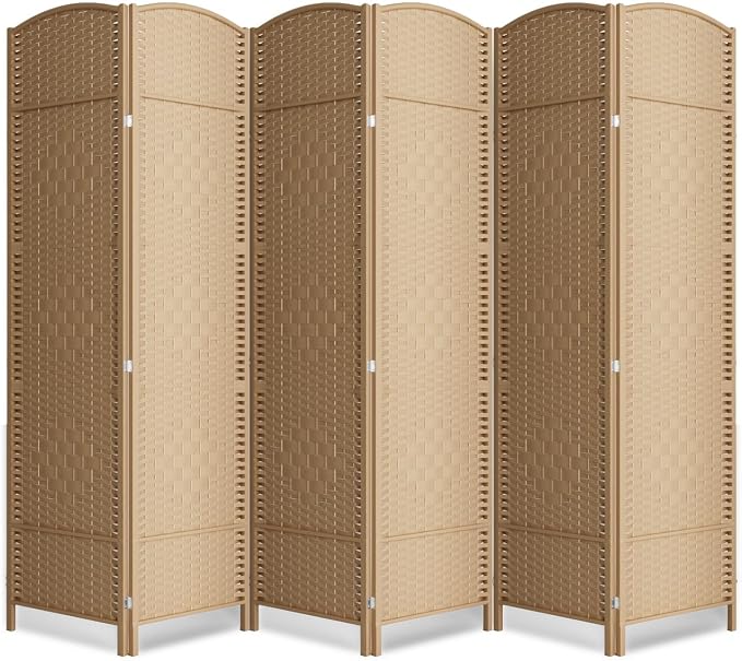 6 Panel Folding Room Divider, Woven Privacy Screen, Light Beige | Solid wood by cocosica