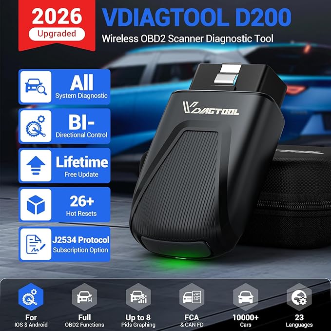 VDIAGTOOL D200 OBD2 Scanner Bluetooth, 2026 Bidirectional Scan Tool with Free Updates, 26 Resets (Upgradeable to 49+), Full System Car Scanner Diagnostic Tool, Throttle Relearn, FCA AutoAuth & CAN-FD