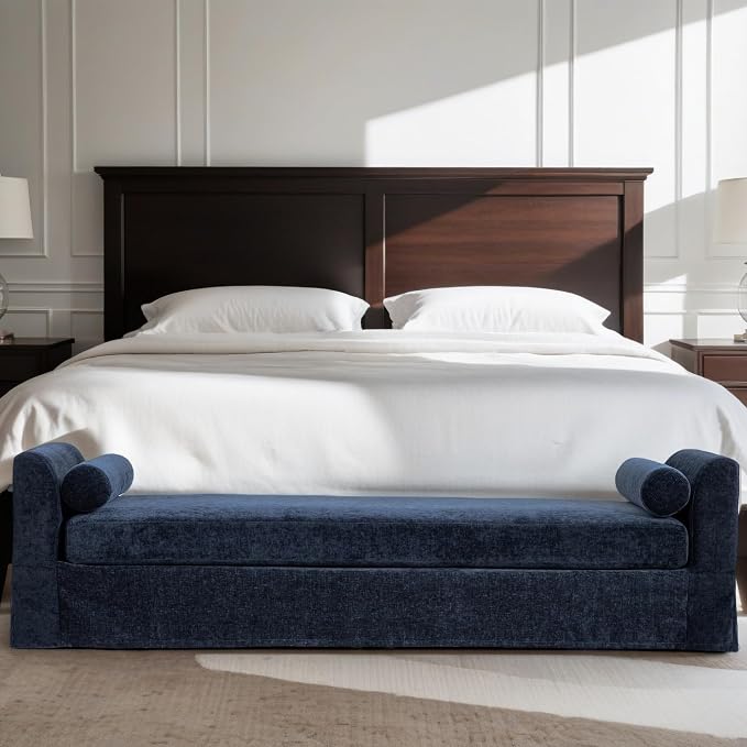 88.6" Oversized Upholstered Bench Navy, Extra Long End of Bed Couch - Image 8