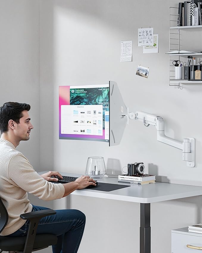 monTEK 17-49 inch Single Monitor Wall Mount for up to 44 lbs Ultrawide Screen, Premium Aluminum Heavy Duty Monitor Arm with Adjustable Gas Spring Arm, 75x75/100x100 VESA Mount, White