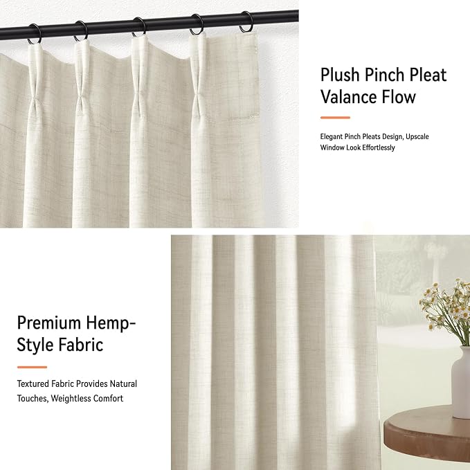 Pinch Pleated Full Blackout Faux Linen Curtains 102 Inches Long | Beige White - Image 7