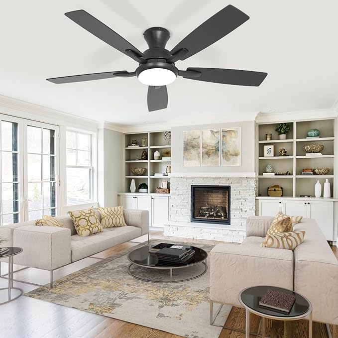 revoici Ceiling Fans with Lights, 52 Inch Black and Brown Wood Ceiling Fan, 6 Speed and Reversible DC Motor, Modern 5 Blade Low Profile Flush Mount Ceiling Fan for Living Room, Outdoor Patio