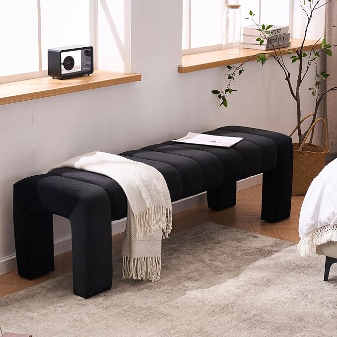 59" Velvet Black Bench for Bedroom King Size Bed Window End of Bed | Long - Image 4