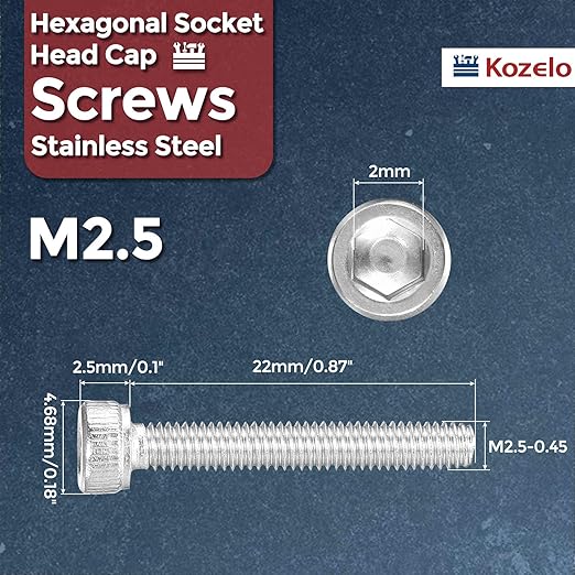 Kozelo 30pcs Socket Head Cap Screws - [M2.5-0.45 x 22mm] 304 Stainless Steel Allen Socket Drive for Electrical Motor 3D Printing Fan Engine Replacement Use, Silver