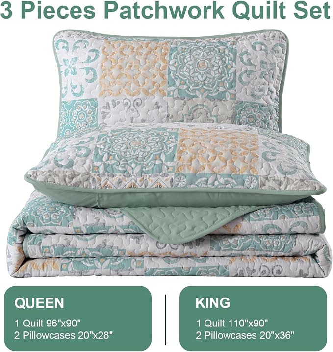 Dobuyly Patchwork Quilt Set Queen Size 3 Pieces Sage Green Yellow Boho Plaid - Image 9