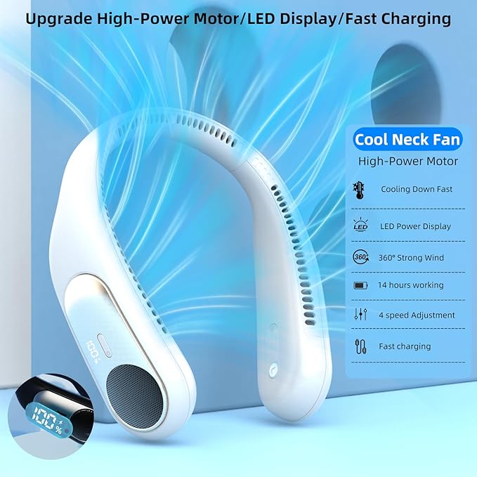 Portable Neck Fan,Personal Wearable Bladeless Fan,LED Display,4-Speeds,6000mAh USB Rechargeable,360° Strong Cooling Wind,Hands Free,White Elephant Gift,Christmas Gifts for Men Women Dad Mom (White)