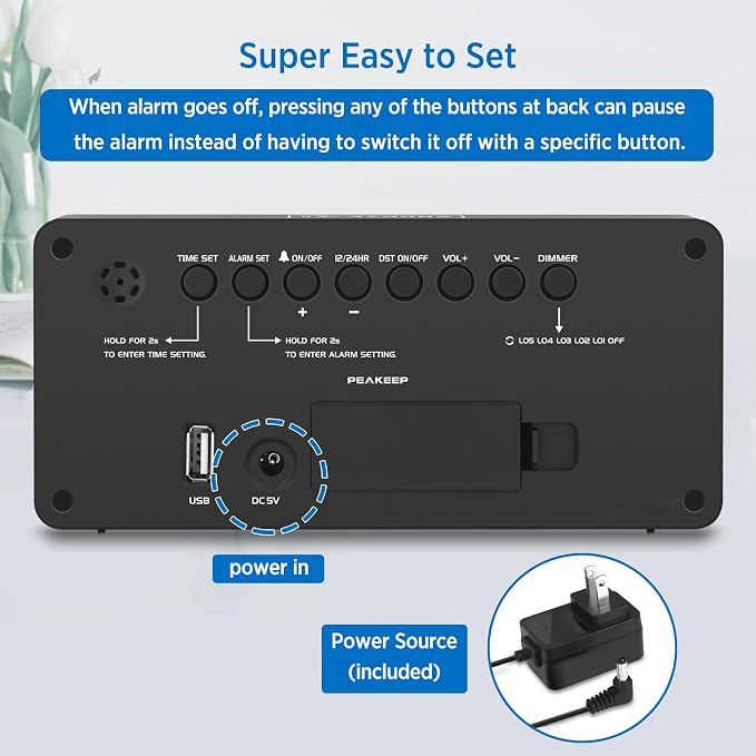 Peakeep Digital Alarm Clock for Bedrooms Bedside, Loud for Heavy Sleepers | - Image 6