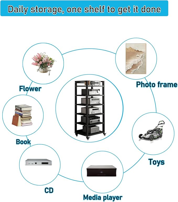 Dernoing 6 Tier Audio Rack Tower, CD Record Player Stereo Receiver AV Equipment Cabinet Display Rack, Weight Capacity 661 lbs, with Adjustable Wooden Shelves for Home (6 Tier Black)