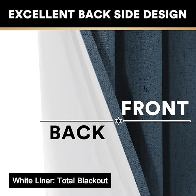 PrinceDeco 100% Blackout Curtains Navy Blue Curtains 63 Inch Length Linen Textured Thermal Insulated Black Out Drapes for Bedroom Living Room,Privacy Protection 2 Panels Set, W52 x L63 Inch