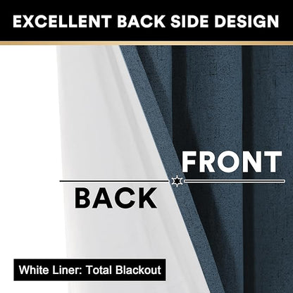 PrinceDeco Linen Blackout Curtains 108 Inches Long Thermal Insulated Textured Blackout Curtains 2 Panels Set Grommet Textured Curtains with White Liner for Bedroom Living Room(52x108 inch,Navy)