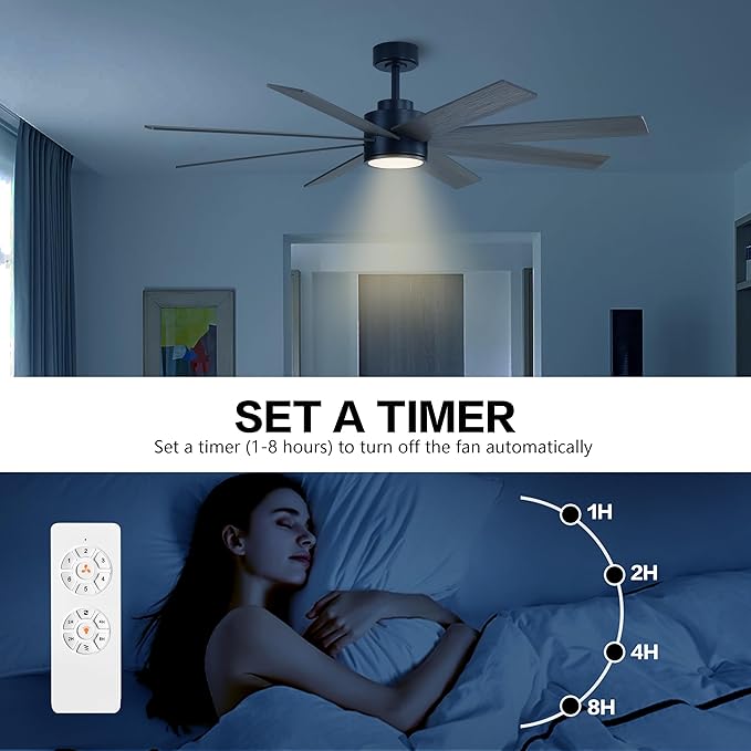 WINGBO 60" Large DC Ceiling Fans with Lights and Remote, 3 Downrods, 8 Plywood Blades, 6-Speeds Reversible DC Motor, 3CCT, Indoor Ceiling Fan for Bedroom Living Room Patio, Black and Gray