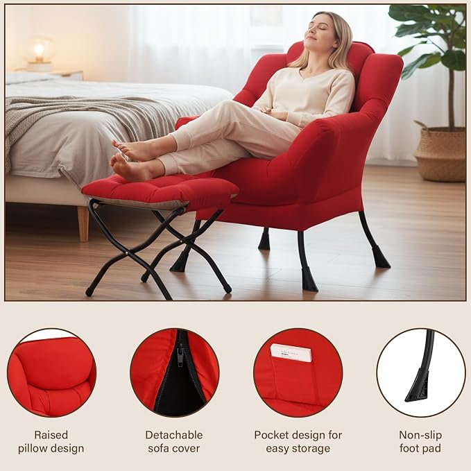 Welnow Lazy Chair with Ottoman, Reading Chair with Footrest, Foldable Footrest - Image 4