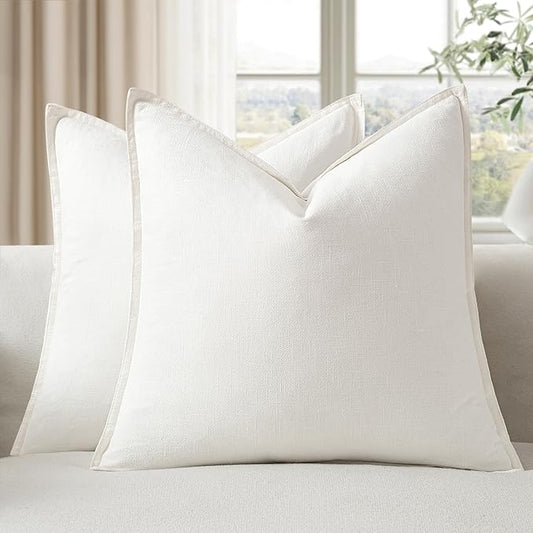 EMEMA Decorative Linen Throw Pillow Covers 20x20 Inch Cream Boho Farmhouse Neutral Couch Throw Pillows for Bed Pack of 2 Accent Pillowcase Modern Sofa Cushion Livingroom Home