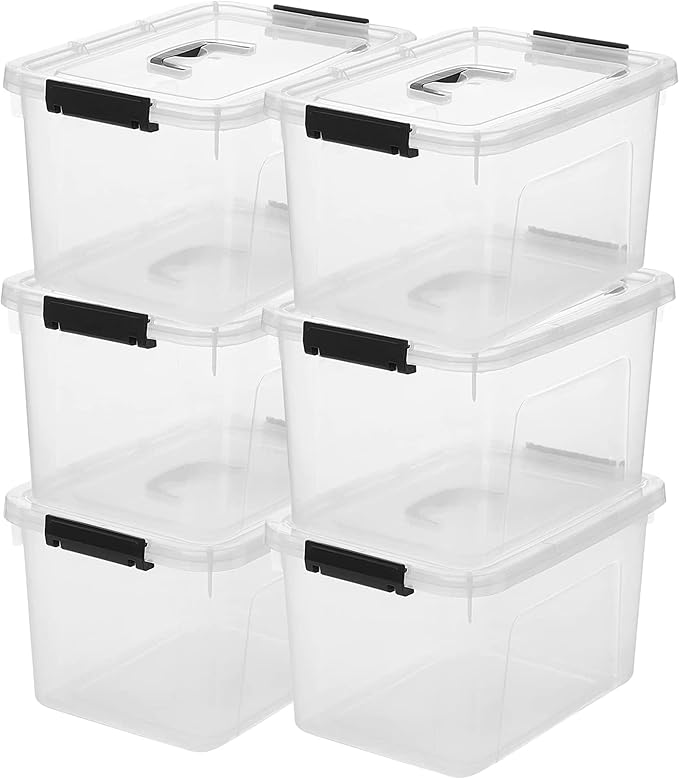 JUJIAJIA Clear Storage Latch Box 12 Quart, Plastic Organizing Box/Bin with Lid and Black Handles, 6-Pack