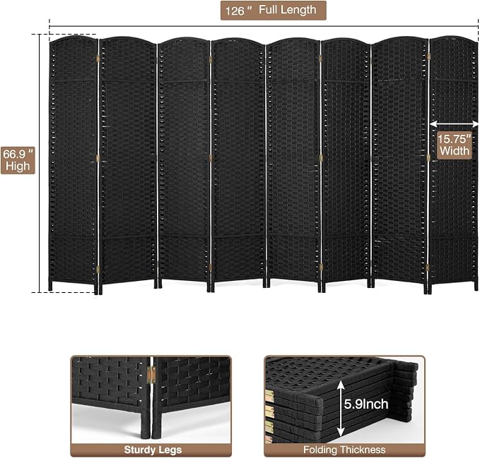 Room Divider 8 Panel 5.6 FT Tall Privacy Screen Waterproof Wood Frame Partition - Image 7