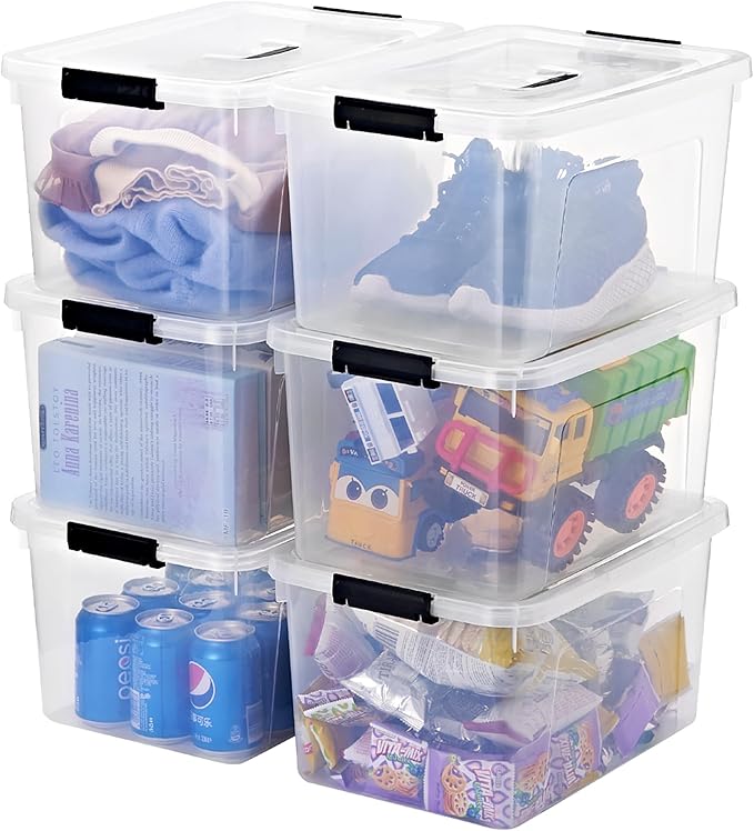 JUJIAJIA 19 Quart Plastic Storage Bins with Lids, 6-Pack Stackable Clear Storage Organizing Box with Handle