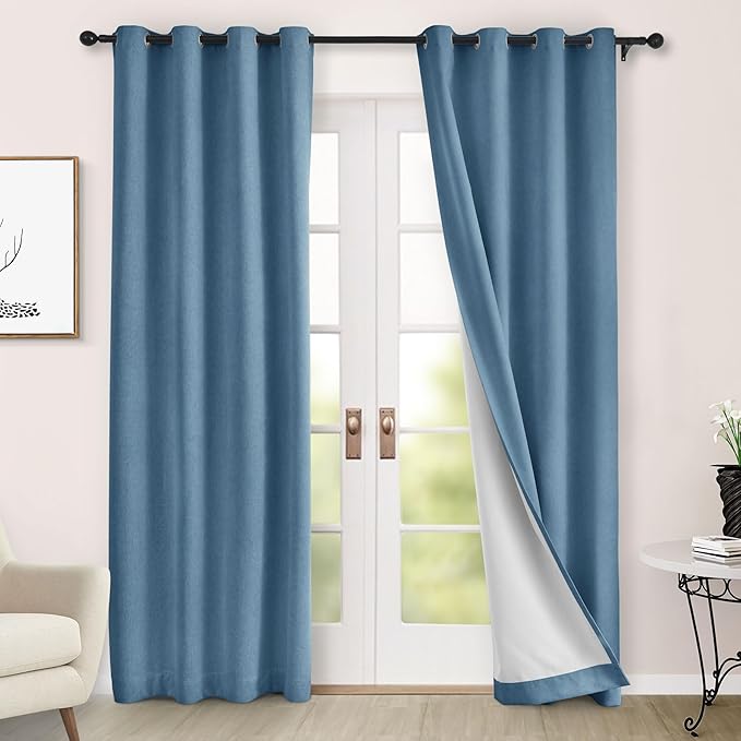 Macochico 100% Blackout Curtains Chenille Curtains for Living Room Thermal Blackout Curtains for Bedroom Hotel Banquet Classic Decor Ashtray Blue Curtains with Tieback 72" Wx96 L Grommet 1 Panel