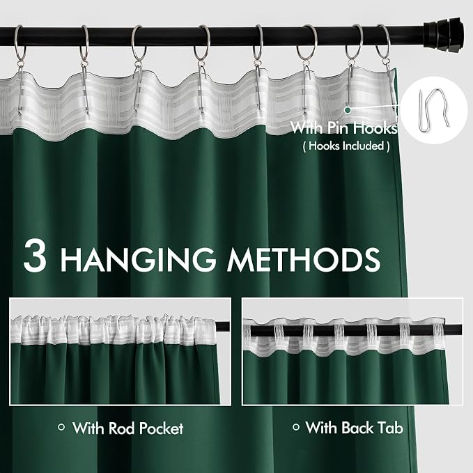 MIULEE Christmas Hunter Green Back Tab Blackout Curtains 52"x90" 2 Panels | Rod - Image 3