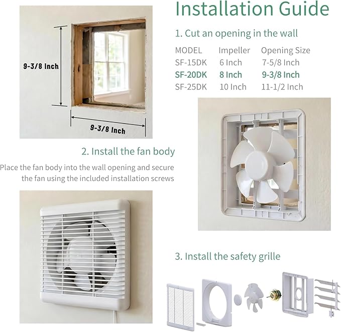 SAILFLO 8 Inch Window Shutter Exhaust Fan, 9.5 x 9.5 Inch Cutout, 300CFM 30W Wall-Mounted Ventilation Fan Air Intake Extractor for Bathroom Home Bedroom Attic, φ8 Inch Impeller